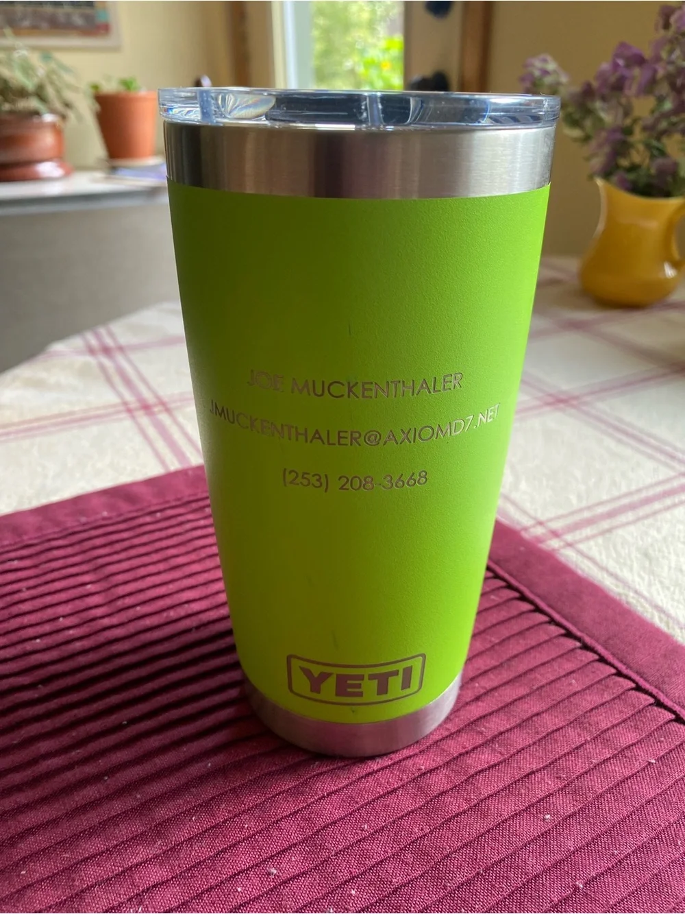 Brand New Bright Green Yeti 20oz Travel Mug w/ Roofing Co Branding